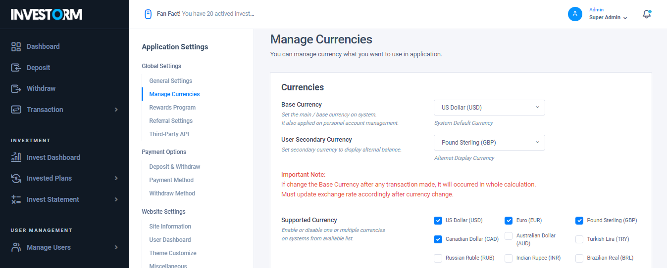 Manage Currencies