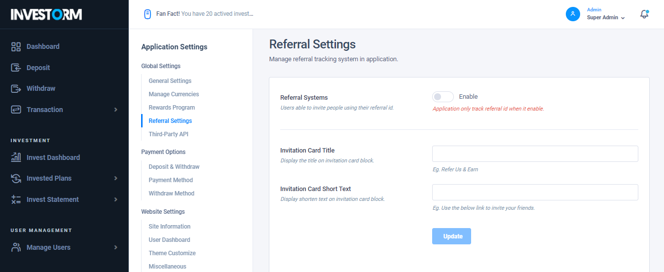 Referral Settings