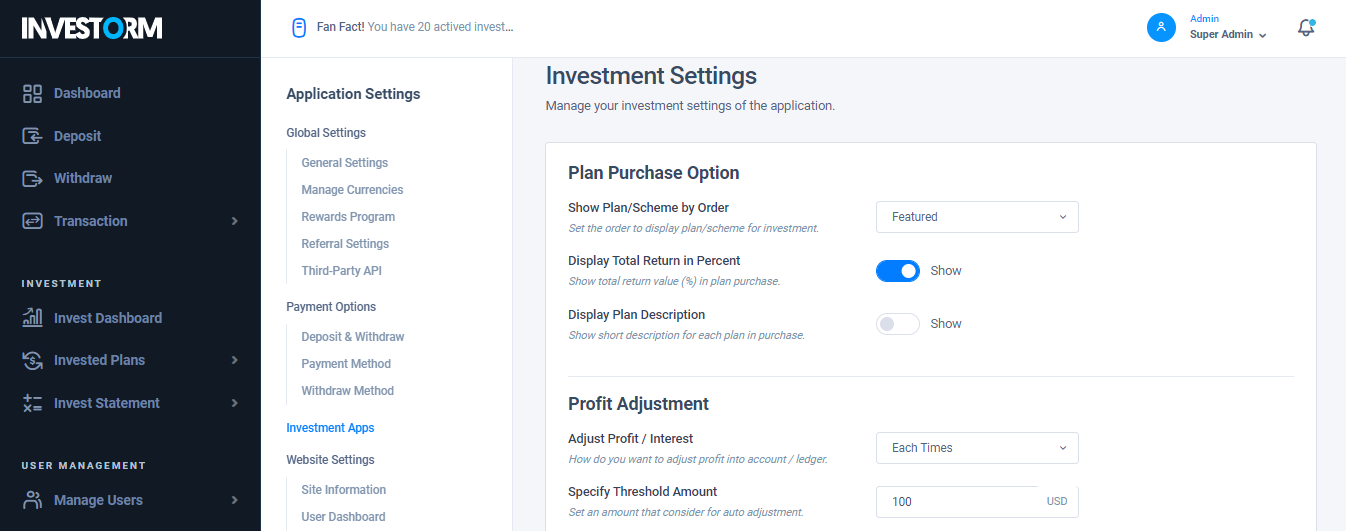 Investment Settings