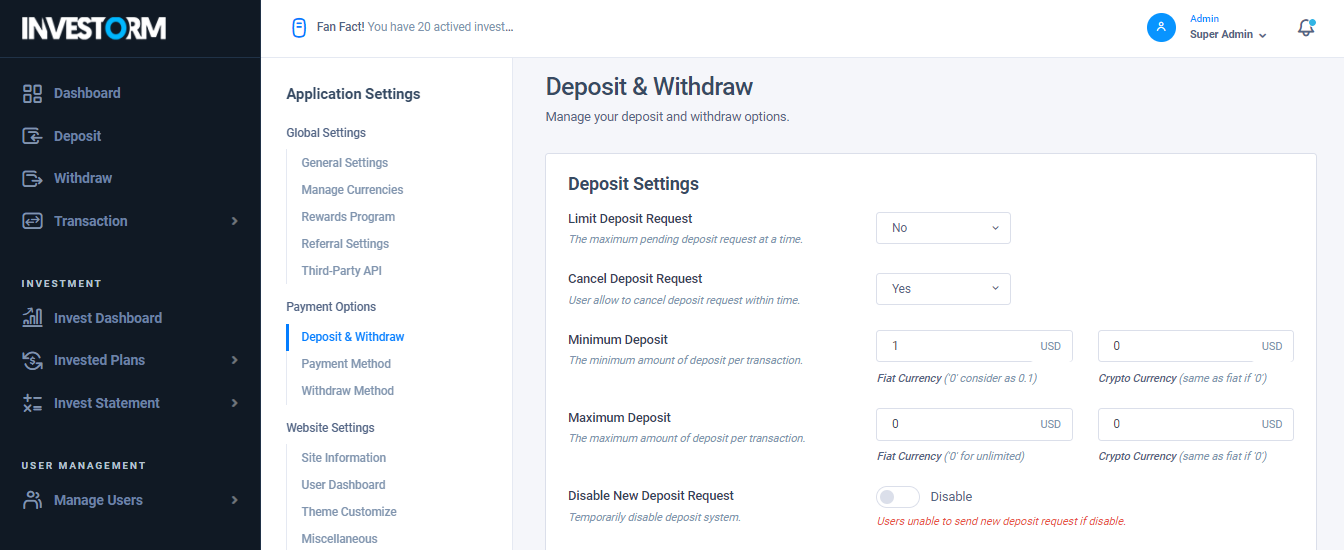 Deposit and Withdraw Settings