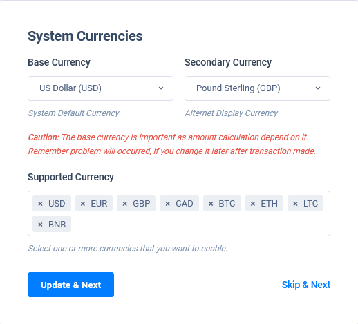 Currency settings